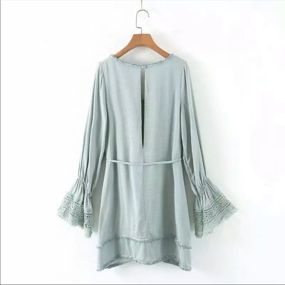 Crochet Fringe Bell Sleeve Boho Gypsy Dress Mint - Picture 6 of 12